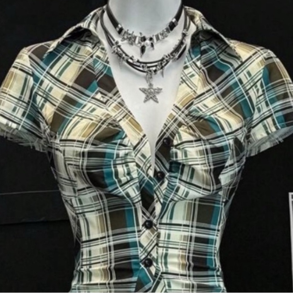 Short Sleeve Plaid Ruffle Button-Up Blouse - Picture 2 of 16